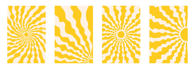 Retro Groovy Sun Background Set. Abstract hand drawn wave ray pattern in trendy 70s hippie style. Contemporary summer poster in doodle, childishly, naive art style. Vector.