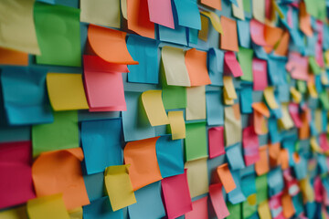 Fototapeta na wymiar Colored post-it notes on an office wall. A slide background for showcasing the brainstorming process. Created with Generative AI technology.