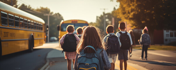 Fototapeta na wymiar Children going to high school. School bus blured in background. View from behind.