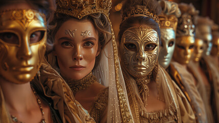 A lavish medieval French masquerade ball, where candlelit elegance meets mysterious allure. Guests in opulent costumes and intricate masks dance in a grand hall, weaving tales of intrigue and romance. - obrazy, fototapety, plakaty