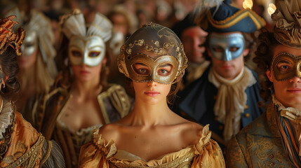 A lavish medieval French masquerade ball, where candlelit elegance meets mysterious allure. Guests in opulent costumes and intricate masks dance in a grand hall, weaving tales of intrigue and romance. - obrazy, fototapety, plakaty