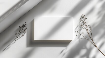 Carte de visite ou carton d'invitation vide sur fond blanc avec des ombres pour mockup. Blank business card or invitation card on white background with mockup shadows.