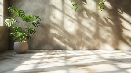 Intérieur minimaliste naturel éclairé par la lumière du soleil et avec quelques plantes. Fond d'écran, arrière plan. Minimalist interior in natural stone with sunlight and plants. Wallpaper.
