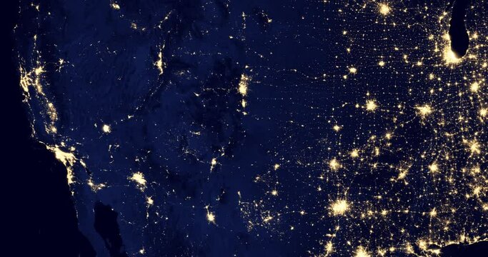 Bright lights of night cities in the USA, view from an orbiting satellite. Movement on the night map to the western regions and the west coast of the USA. 3D Animation 4K. Contains NASA images