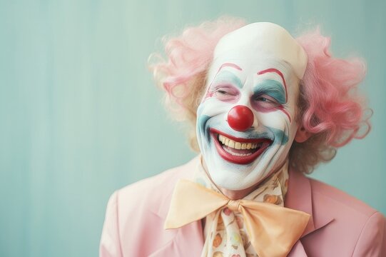 Smiling clown in a pink suit with a pink curly wig and red nose against a blue background