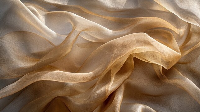 A shimmering organza tablecloth in a delicate champagne hue, laid out to catch the light and showcase the sheer, floating texture. 8k