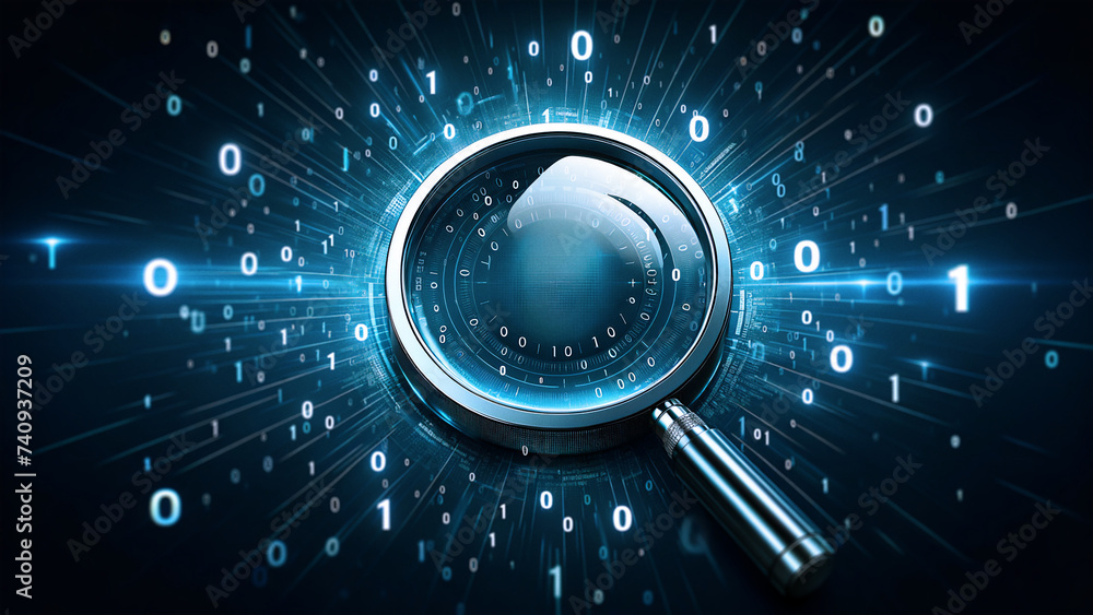 Wall mural data analysis concept with magnifying glass, digital data search, binary code investigation, informa