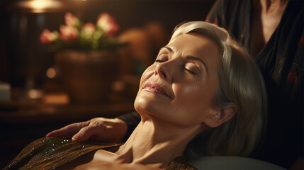 Fototapeta premium A woman enjoys a tranquil moment at a luxurious spa, her face expressing serene relaxation.Serene Relaxation: Luxurious Spa Experience. 