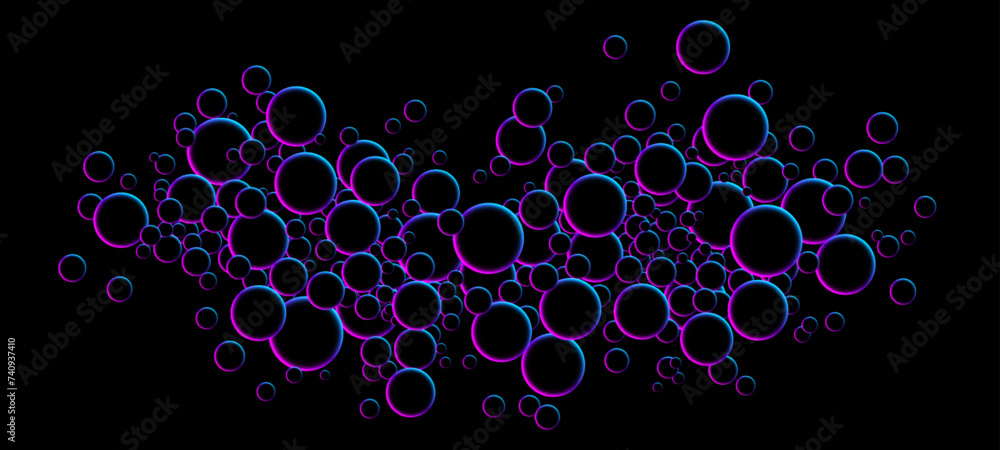 Poster fluorescent circular particles dynamic flow. luminous floating balls in blue and pink neon glow colo