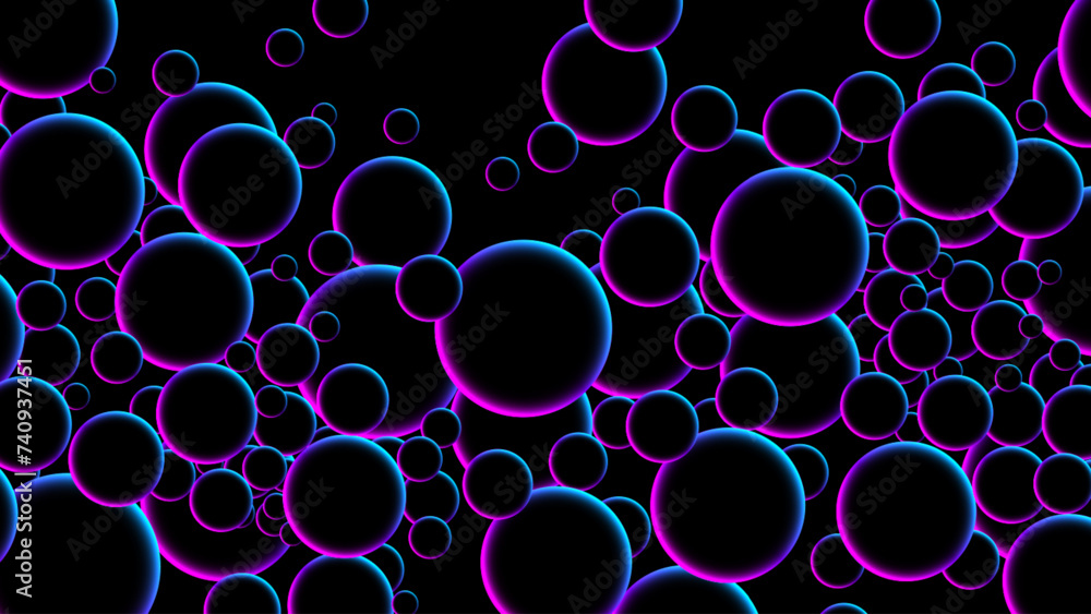 Poster futuristic random flying neon glowing circles, spheres or bubbles. luminous floating balls in blue a