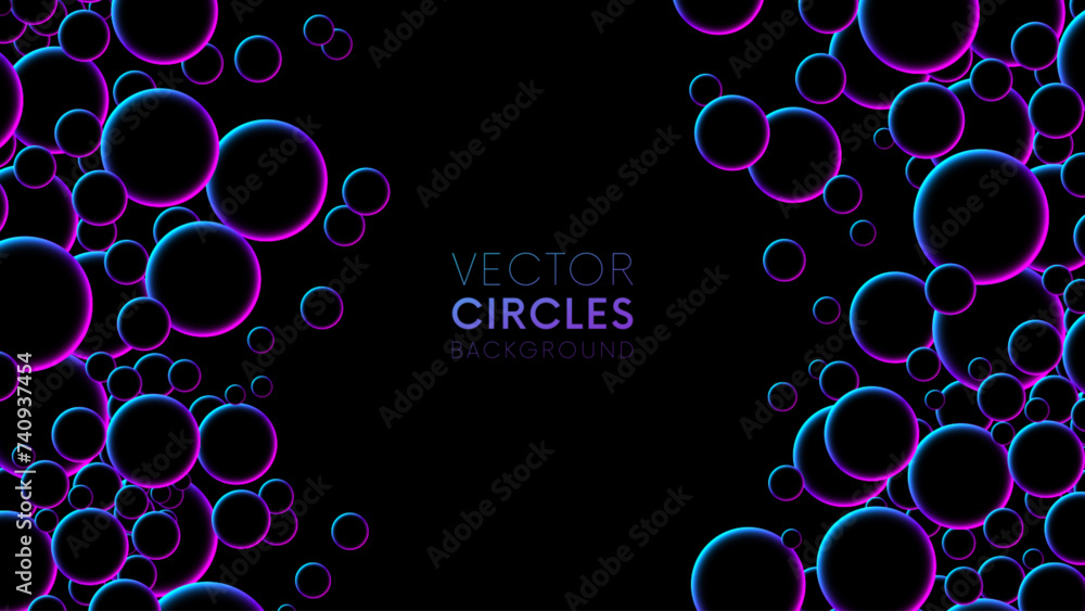 Poster futuristic random flying neon glowing circles, spheres or bubbles. double border with luminous float