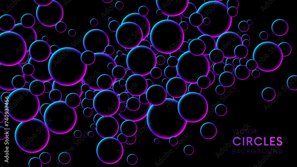 Poster luminous floating balls in blue and pink neon glow colors on black. futuristic random flying neon gl