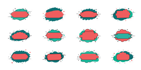 Set of vector isolated stencil frames on a background of watercolor splatter spots, hand drawn in doodle style. Text boxes. Collection of vector templates on white background.