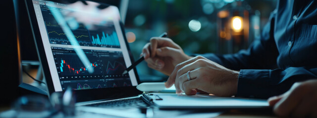 An individual's hands using a stylus on a tablet with financial analysis graphs on the screen, placed on a desk with printed data charts, in a brightly lit office environment. - obrazy, fototapety, plakaty