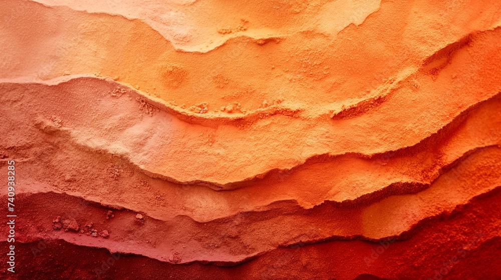 Poster a textured surface of mixed paprika powders creating a gradient from light orange to deep red, showc