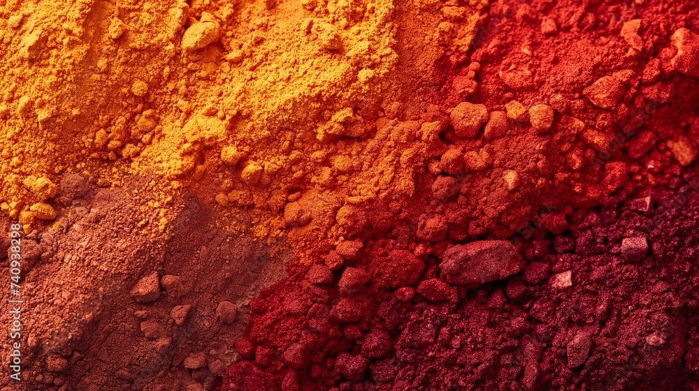 Poster a textured surface of mixed paprika powders creating a gradient from light orange to deep red, showc