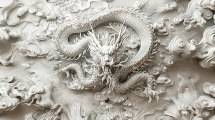 3D illustration of white chinese dragon wall.