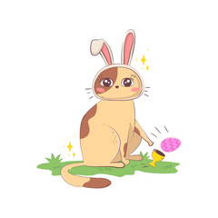 Cute cartoon cat with bunny ears brazenly knocks over an Easter egg holder isolated on a white background in doodle style.