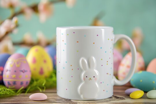 Mockup of an Easter-themed mug with an Easter decoration. Mockup d'une tasse sur le thème de pâques avec une décoration de pâques.
