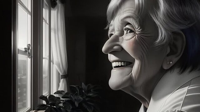 Monochrome portrait of an elderly woman smiling joyfully near a window, with light casting gentle shadows on her face, highlighting her wrinkles and contentment.