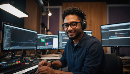 Musikproduzent mit Kopfhörern gestaltet Soundtracks in einem modernen Tonstudio