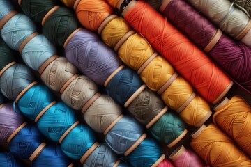 Colorful sewing threads on a table. Isolated on white background. - obrazy, fototapety, plakaty