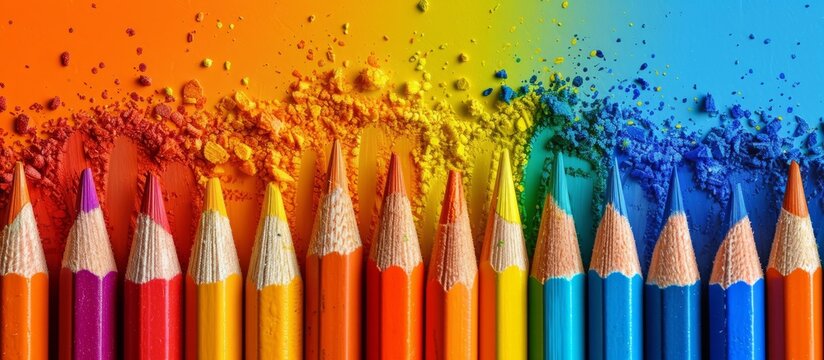 Vibrant colored pencils creating a mesmerizing rainbow background for artistic projects