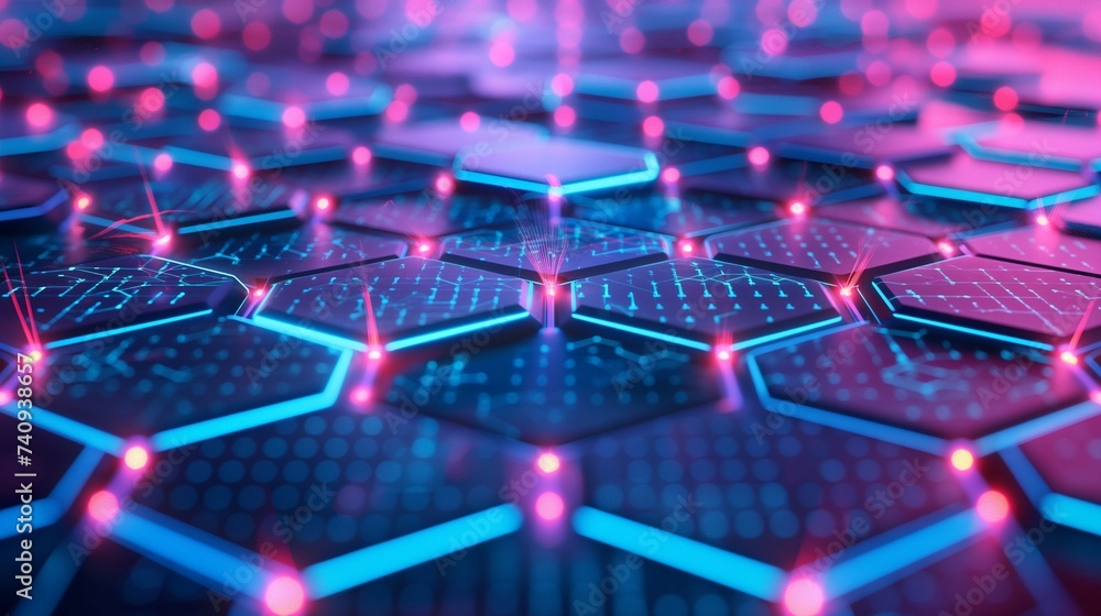 Poster a vibrant background of interconnected 3d hexagons, each containing digital symbols, representing a 