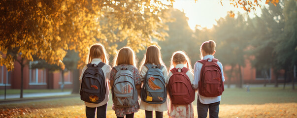 School kids with backpacks ready for going to school.