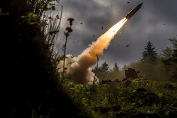 A ballistic missile rises among the trees against the background of the evening sky. Launching a cruise missile in the forest at dusk. War concept. - obrazy, fototapety, plakaty