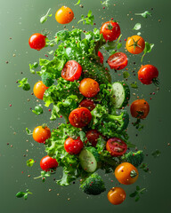 lots of different vegetables flying in the air on a monotonous green background