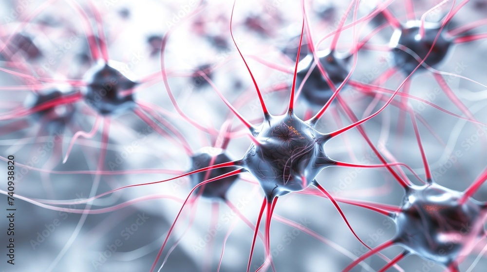 Poster a detailed 3d map of a neural network, with neurons and synapses highlighted, set against a neutral 