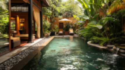 Blur background of luxurious resort spa relaxation area amidst dense tropical greenery. Resplendent.