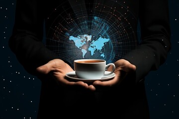 A persons hands holding a cup of coffee in front of a world map. Products from all over the world.