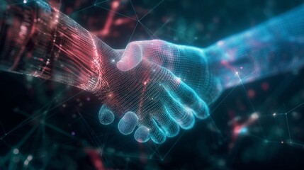 A visualization of a digital handshake, with two abstract forms connecting in a networked space, symbolizing cybersecurity and secure transactions. 8k