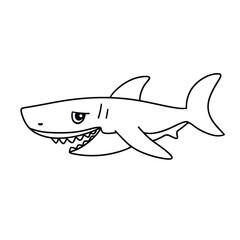 Outline shark isolated on white background. Doodle shark in cartoon style. Hand drawn vector art.