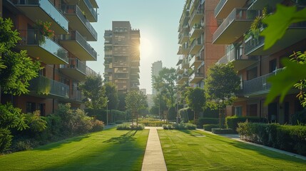 Fototapeta premium Modern residential buildings in a green area of the city. European apartment houses. Milan, Italy in the summer. And trees and grass in the walking area.