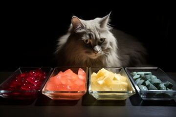 A domestic cat sits near a bowl of food ready to eat. - obrazy, fototapety, plakaty