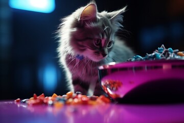 A small domestic kitten sits near a bowl of food ready to eat. - obrazy, fototapety, plakaty