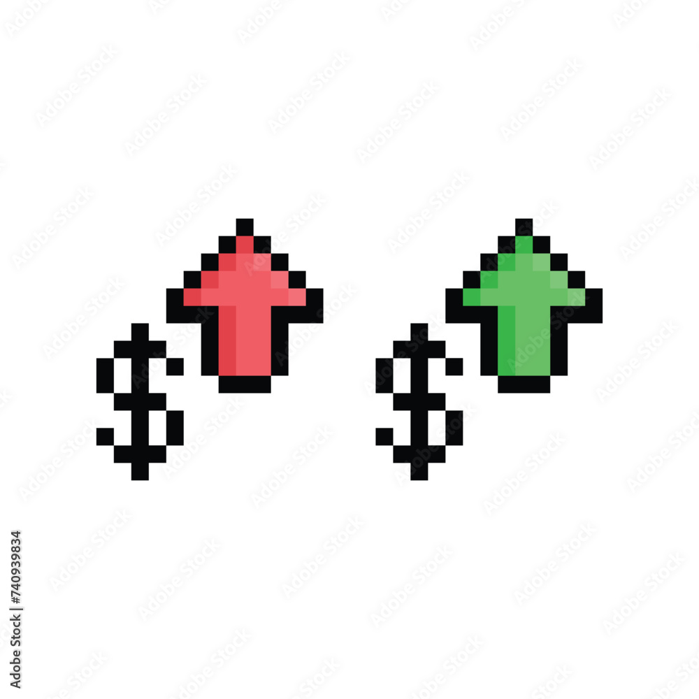 Poster pixel dollar rate up icon pixel art icon element for 8 bit game