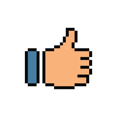 pixel thumbs up icon.  Vector pixel art thumbs up 8 bit logo for game