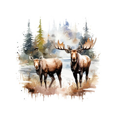 Naklejka na ściany i meble Watercolor moose clipart for graphic resources
