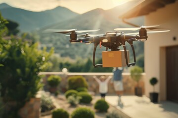 Smart package Drone Delivery smart gardening app. Parcel order processing drone logistic box parcel delivery company shipping. Logistic drone logistic mobility expedited drone delivery