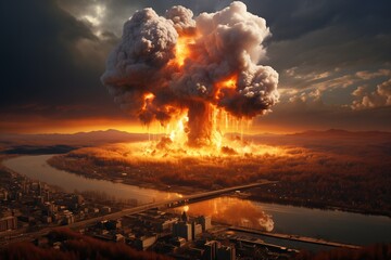 Nuclear apocalypse over devastated cityscape at dusk. A massive mushroom cloud rises above the ruins of a city against a twilight sky. - obrazy, fototapety, plakaty