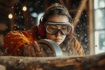 Female carpenter in goggles grinds tree branch using grinding machine. Craftswoman, designer wood processing, makes products from wood working in workshop. Hand crafted and small business concept - obrazy, fototapety, plakaty