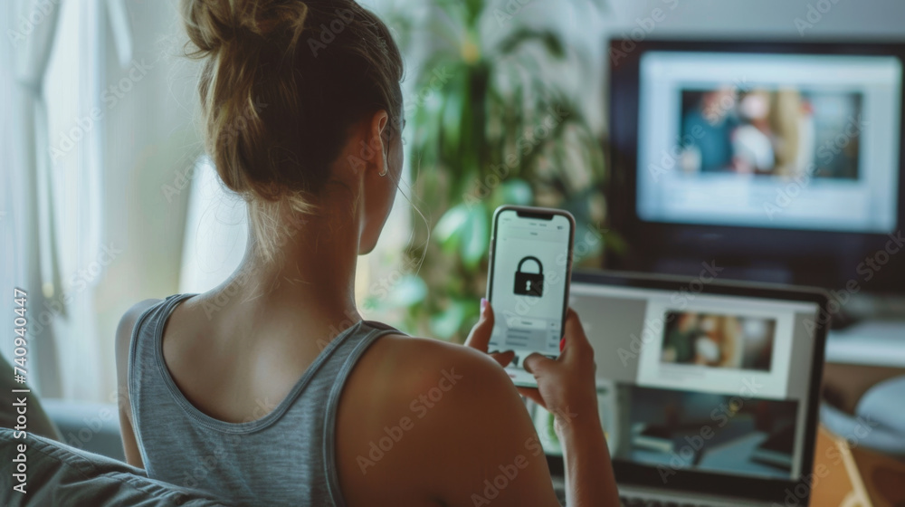 Poster a person's hand is interacting with a smartphone displaying a cybersecurity lock graphic, with a lap