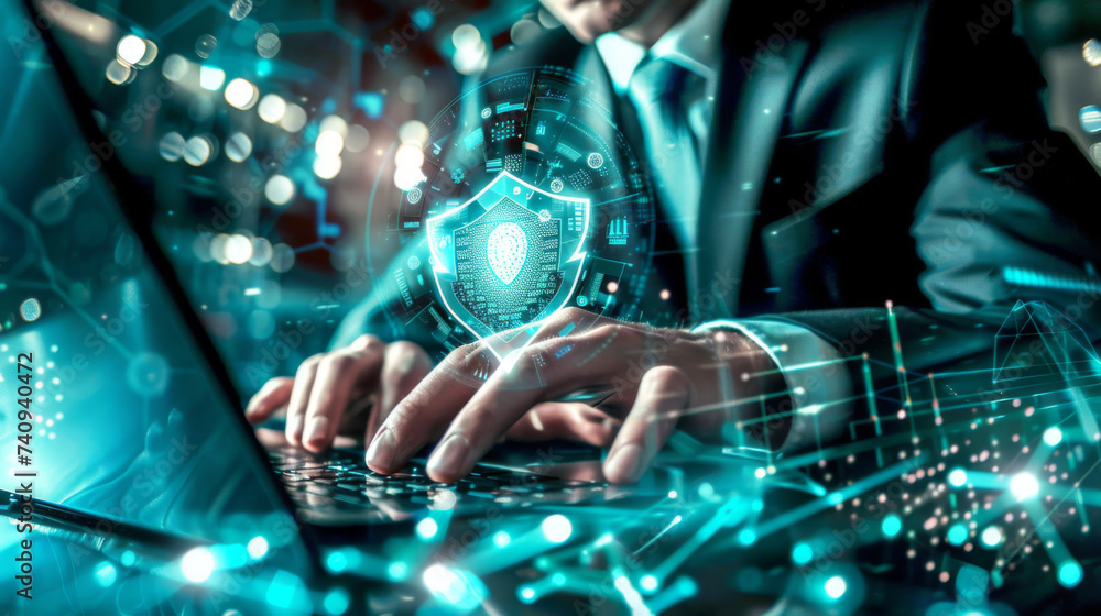 Poster a person in a suit is typing on a laptop with a glowing digital shield symbolizing cybersecurity hov