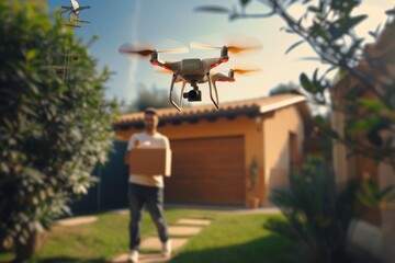 Smart package Drone Delivery generative adversarial networks. Parcel virtual reality headsets box organic gardening shipping. Logistic parcel delivery deployment mobility cardboard box