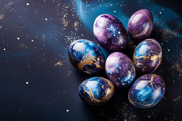 Eggs with texture of marble with golden spangles. Ornament with wavy fluid pattern looks like space with stars. Creative Easter greeting card with copy space on dark backdrop.  - 740940401