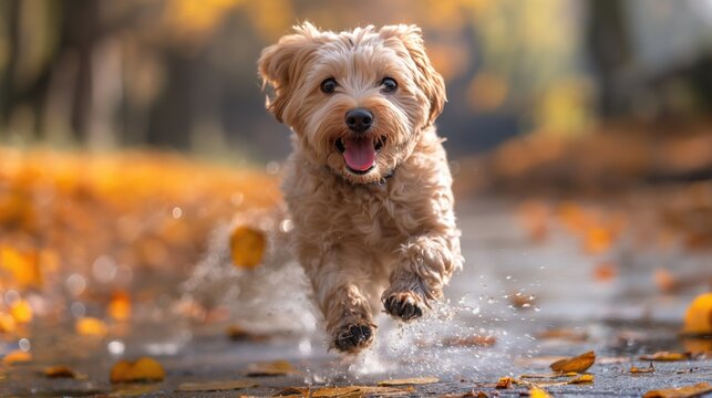 Cute dog, poodle running towards the camera on a wet road. Chien mignon, caniche courant vers la cam&eacute;ra sur un chemin mouill&eacute;.